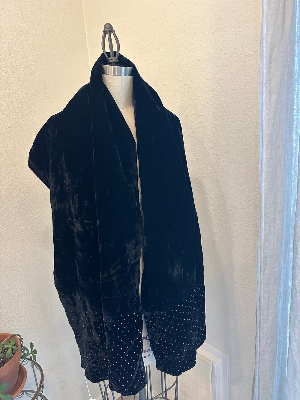 Vintage Women’s Black Velvet Scarf Studded Hem Glam